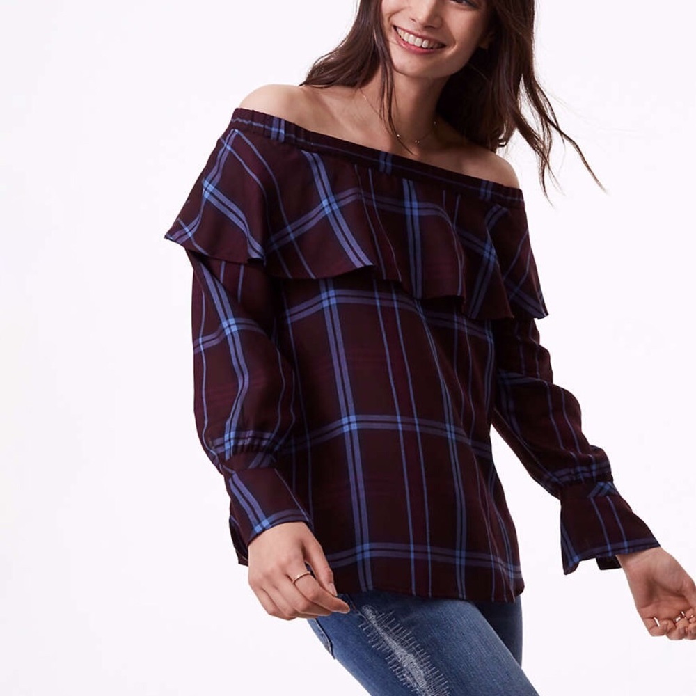 🌿 NWT LOFT plaid ruffle off the shoulder top